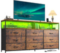 Romorgniz 55" W Dresser for Bedroom with 9 Drawers LED TV Stand with Power Outlets for 45, 55, 65 Inch TV Sturdy Long Chest of Drawers with Extra 2 Wooden Shelves Steel Frame Rustic Brown