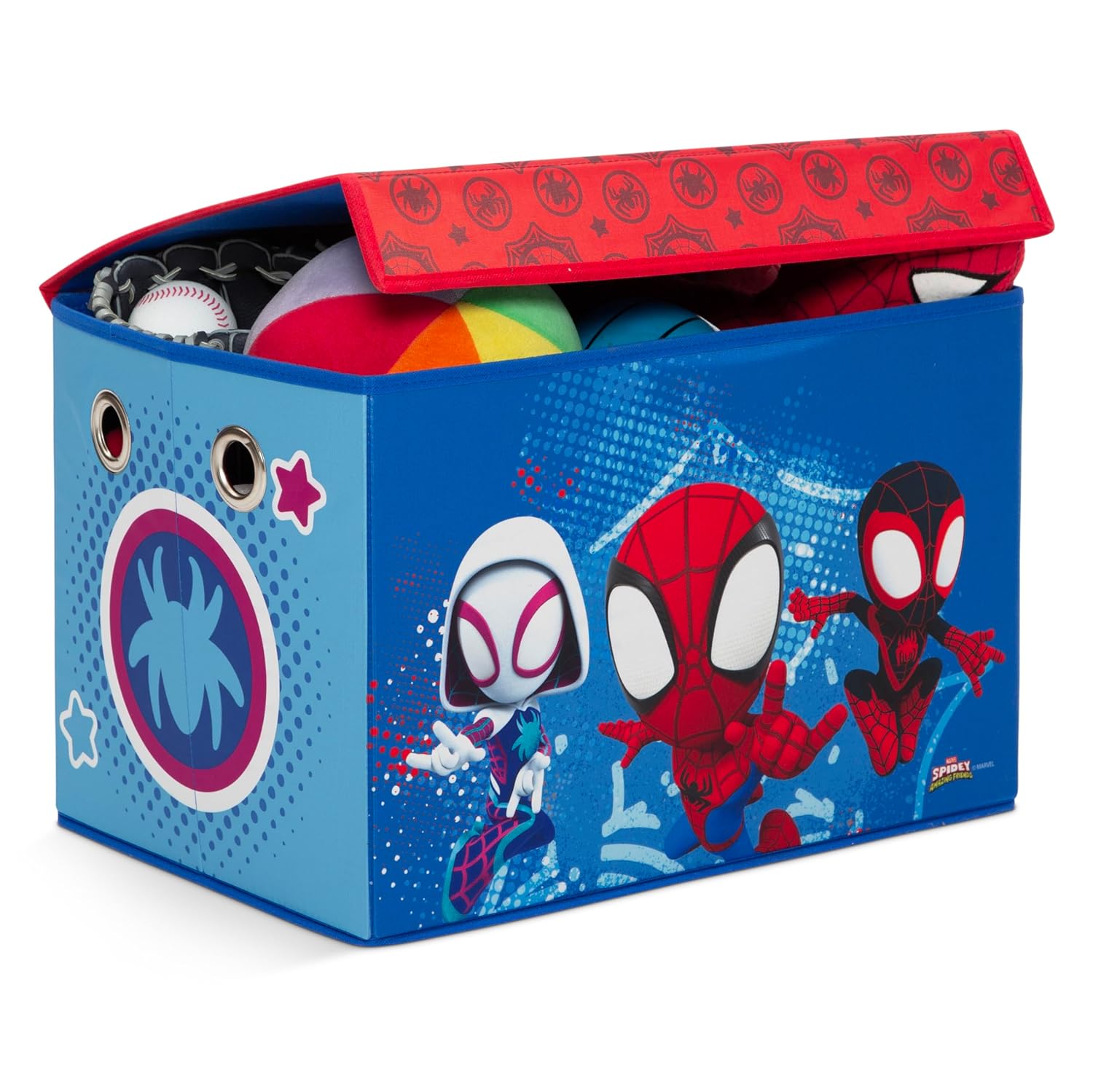 Delta Children - Marvel Spidey and His Amazing Friends 4-Piece Toddler Room-in-a-Box Set – Includes Sleep and Play Toddler Bed, Table, 1 Chair and Fabric Toy Box, Blue/Red