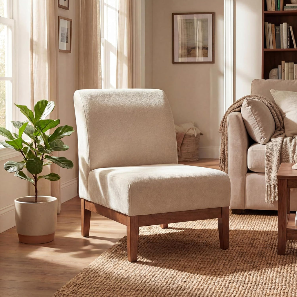 Christopher Knight Home Lynnex Modern Accent Chair for Living Room, Fabric Upholstered Single Lounge Sofa Chair with Wooden Frame, Comfy Reading Chair for Bedroom, Lounge Armless Chair, Beige+Walnut