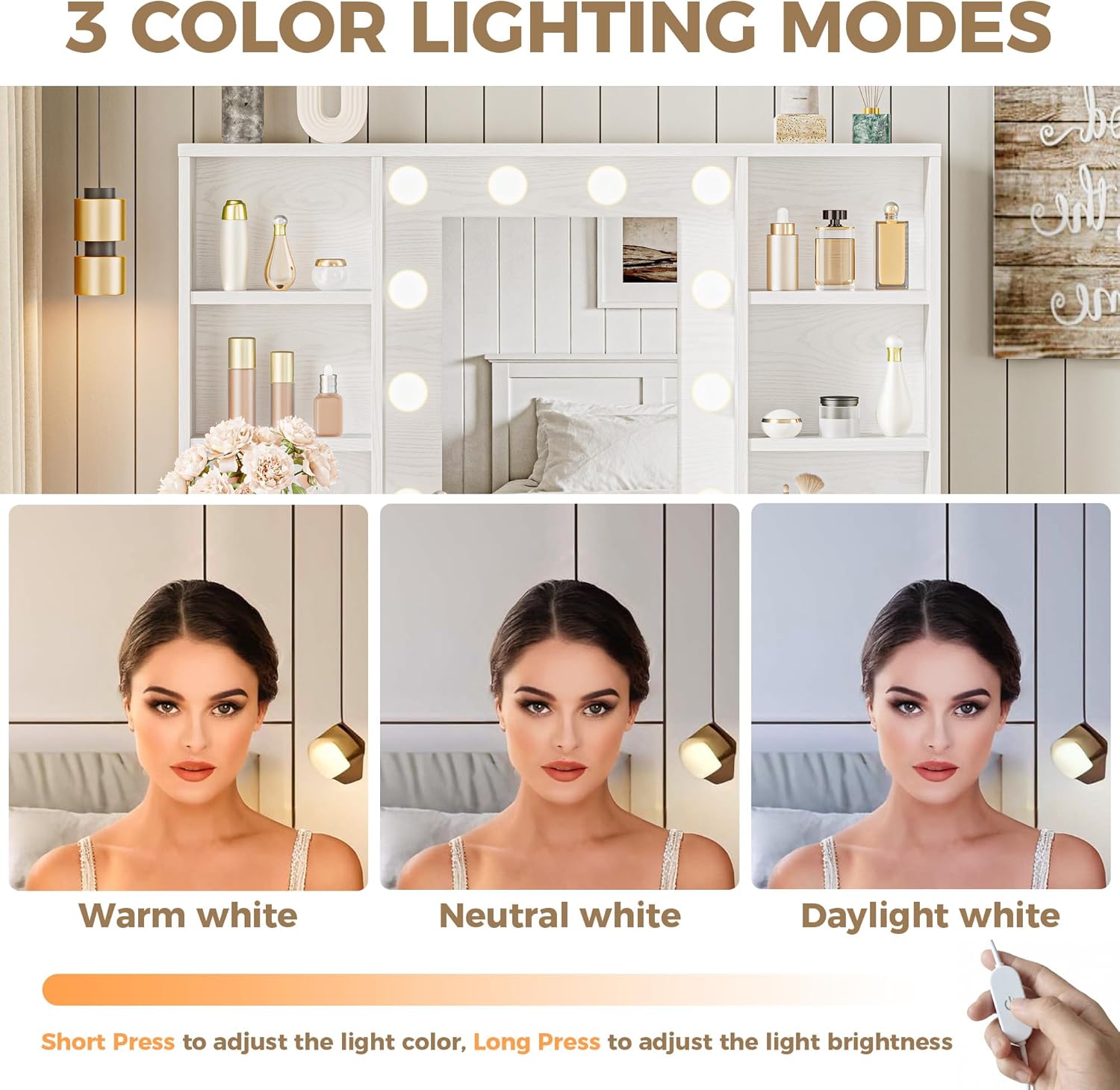 IRONCK White Vanity Desk with Mirror & Lights, Farmhouse Makeup Vanity Table with Adjustable 3 LED Modes, Charging Station, 3 Drawers & Storage Shelves, Stool Included