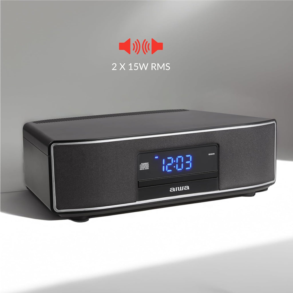 AIWA Exos Home Speaker, Premium 30W RMS Sound System with CD Player, Bluetooth Connectivity, FM Radio, Optical Digital Input, Dual 1” Tweeters + Dual 2” Bass Units, IR Remote Control
