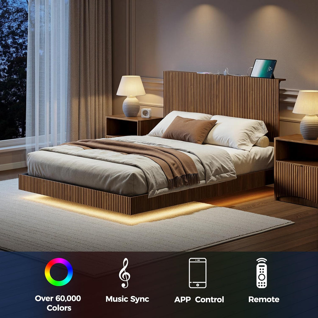 Evermagin Walnut Queen Floating Bed Frame with Headboard, Mid Century Modern Fluted Platform Bed with LED Lights, Heavy Duty Floating Bedframe with Charging Station, No Box Spring Needed