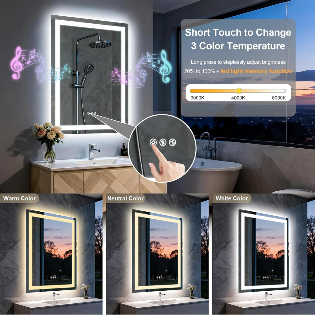 24"x32" LED Bathroom Mirror with Lights,Bluetooth Dual Speaker,Anti-Fog,3 Color Temperature,Dimmable Brightness,Memory Function,Waterproof,Wall Mount Design,Tempered Glass