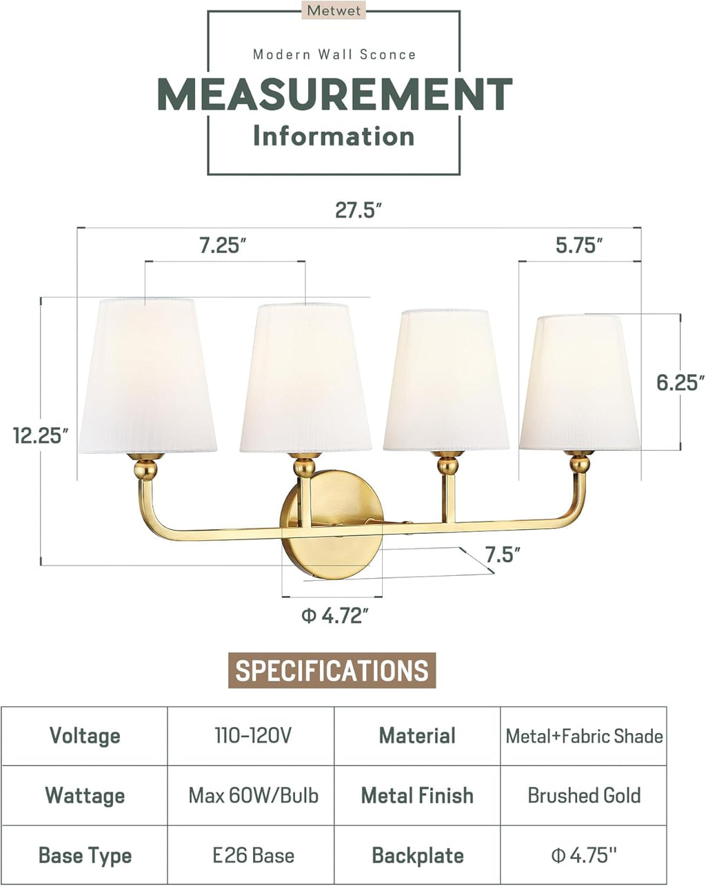 Bathroom Light Fixtures, 4 Light Brushed Gold Vanity Lights with Flared White Fabric Shade, 28 Inch Wall Sconce, Modern Sconces Wall Lighting for Hallway Bedroom, VL837-BG-4