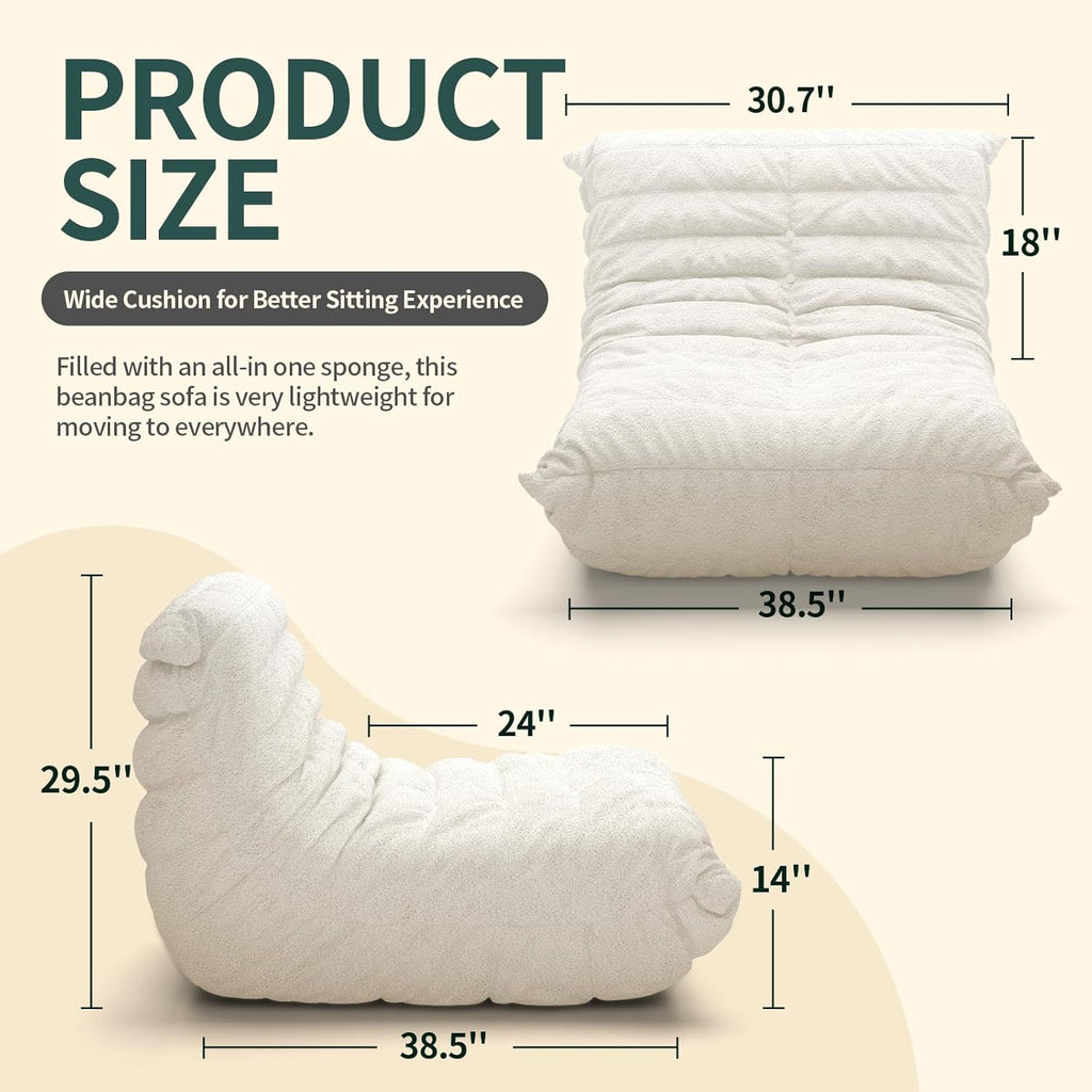 Bean Bag Chairs for Adults, Lazy Sofa Chair with Memory Foam Teddy Velvet Fabric, Large Beanbag Sofa Chair for Bedroom Living Room Dorm Office (White)