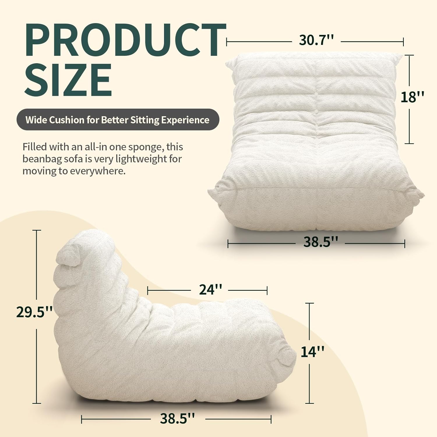 Bean Bag Chairs for Adults, Lazy Sofa Chair with Memory Foam Teddy Velvet Fabric, Large Beanbag Sofa Chair for Bedroom Living Room Dorm Office (White)