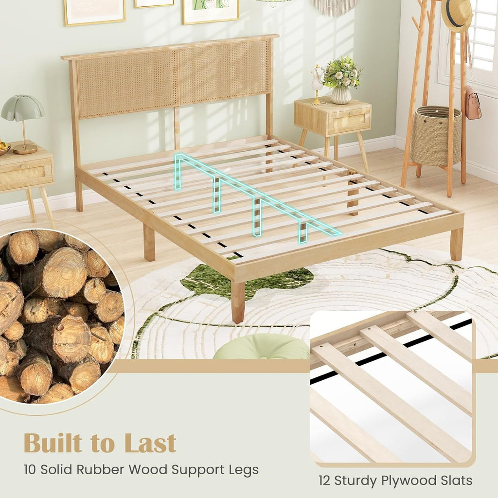 Giantex Rattan Queen Bed Frame, Boho Platform Bed with Natural Wicker Headboard, Solid Wood Foundation & Support Slats, Under-Bed Storage, Queen Size Bedframe for Adults, No Box Spring Needed