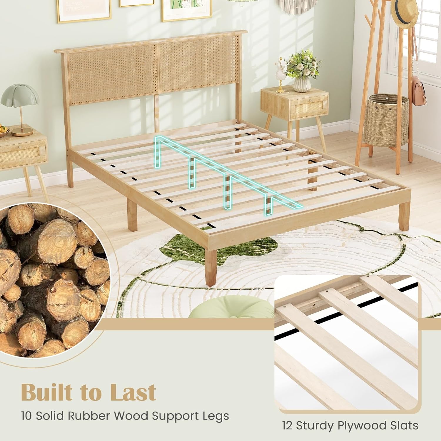 Giantex Rattan Queen Bed Frame, Boho Platform Bed with Natural Wicker Headboard, Solid Wood Foundation & Support Slats, Under-Bed Storage, Queen Size Bedframe for Adults, No Box Spring Needed