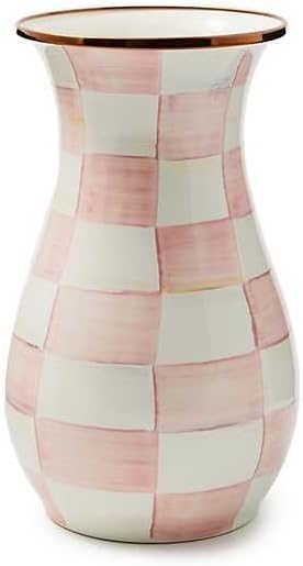 MACKENZIE-CHILDS Tall Enamel Vase, Unique Flower Vase Decor, Bouquet Holder for Living Room, Pink-and-White Rosy Check
