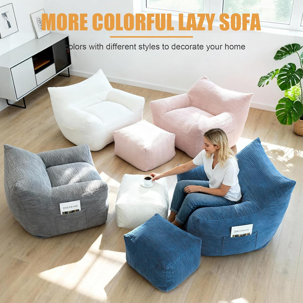 Oversized Bean Bag Chair with Ottoman, Bean Bag Couch with 2 Side Pockets, Corduroy Boneless Couch Chair in a Box, Comfy Lounge Chair for Living Room, Bedroom, Dorm, Gray