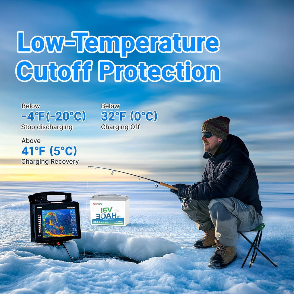 Redodo 16V 30Ah Bluetooth Lithium Marine Battery and 18.25V 10A Charger Set, Low-Temp Cutoff Protections, Perfect for Marine Devices Such as Sonar, Radar, GPS, Fish Finder