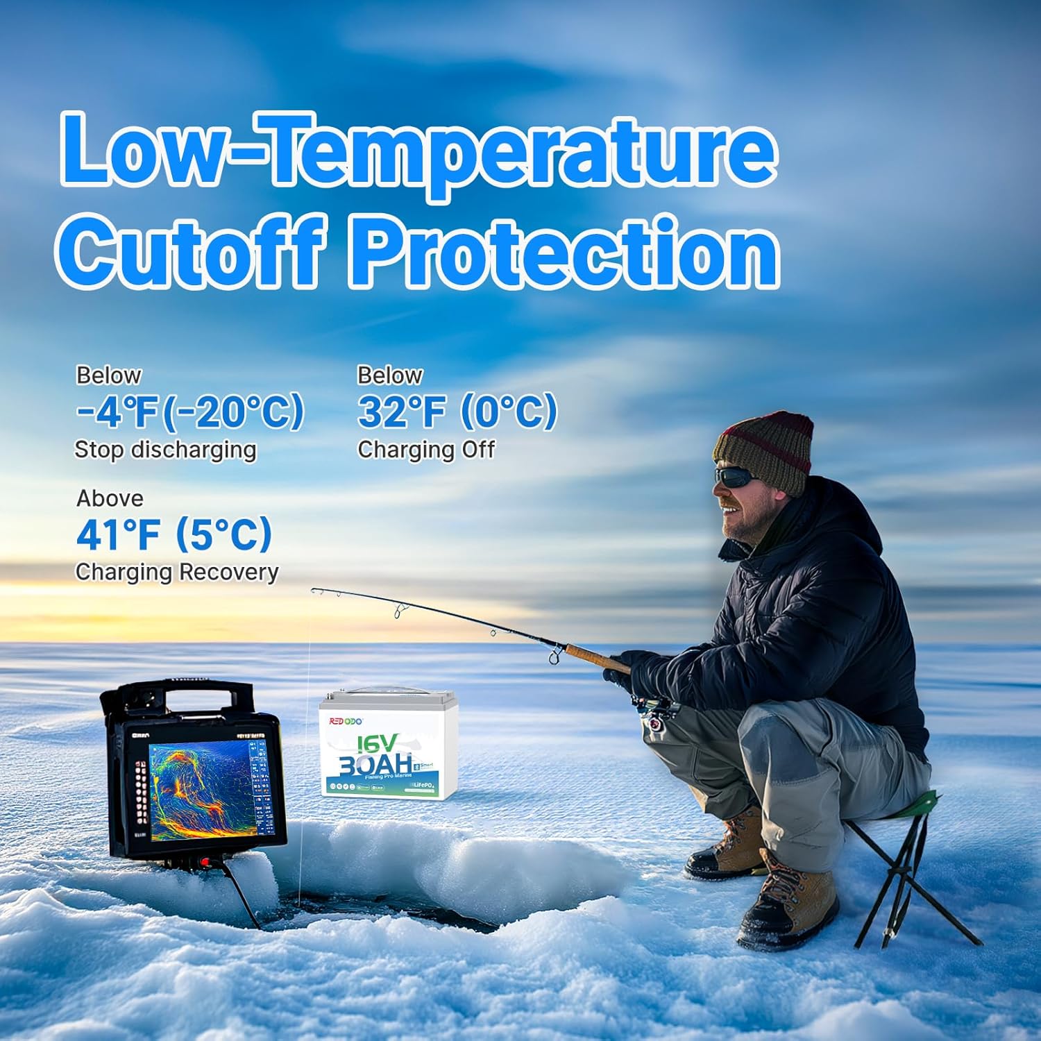 Redodo 16V 30Ah Bluetooth Lithium Marine Battery and 18.25V 10A Charger Set, Low-Temp Cutoff Protections, Perfect for Marine Devices Such as Sonar, Radar, GPS, Fish Finder