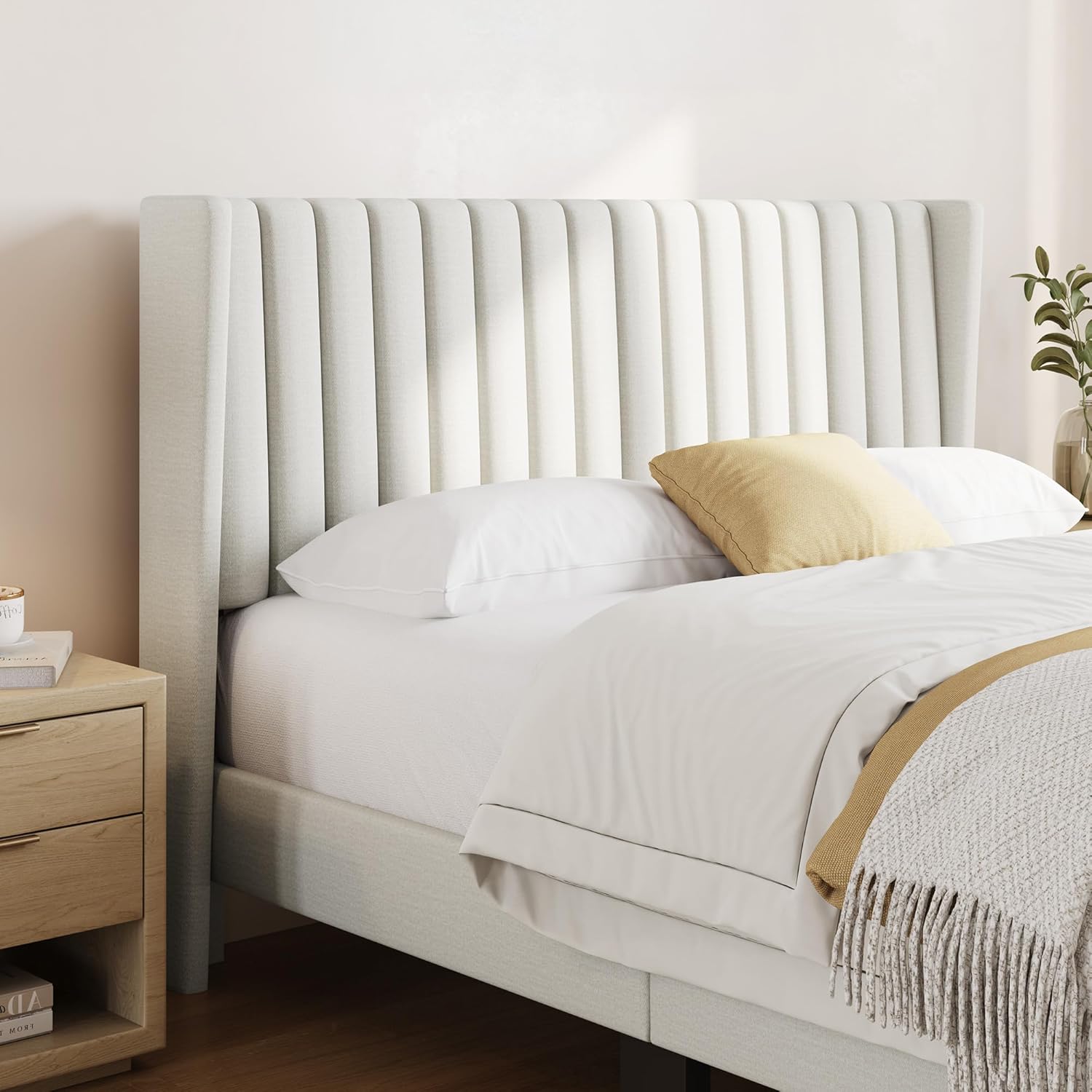 Yaheetech Queen Bed Frame Upholstered Platform Bed with Fabric Headboard, Wing Edge Design/Non-Slip and Noise-Free/Wooden Slats Support/No Box Spring Needed/Easy Assembly, Ivory Queen Bed