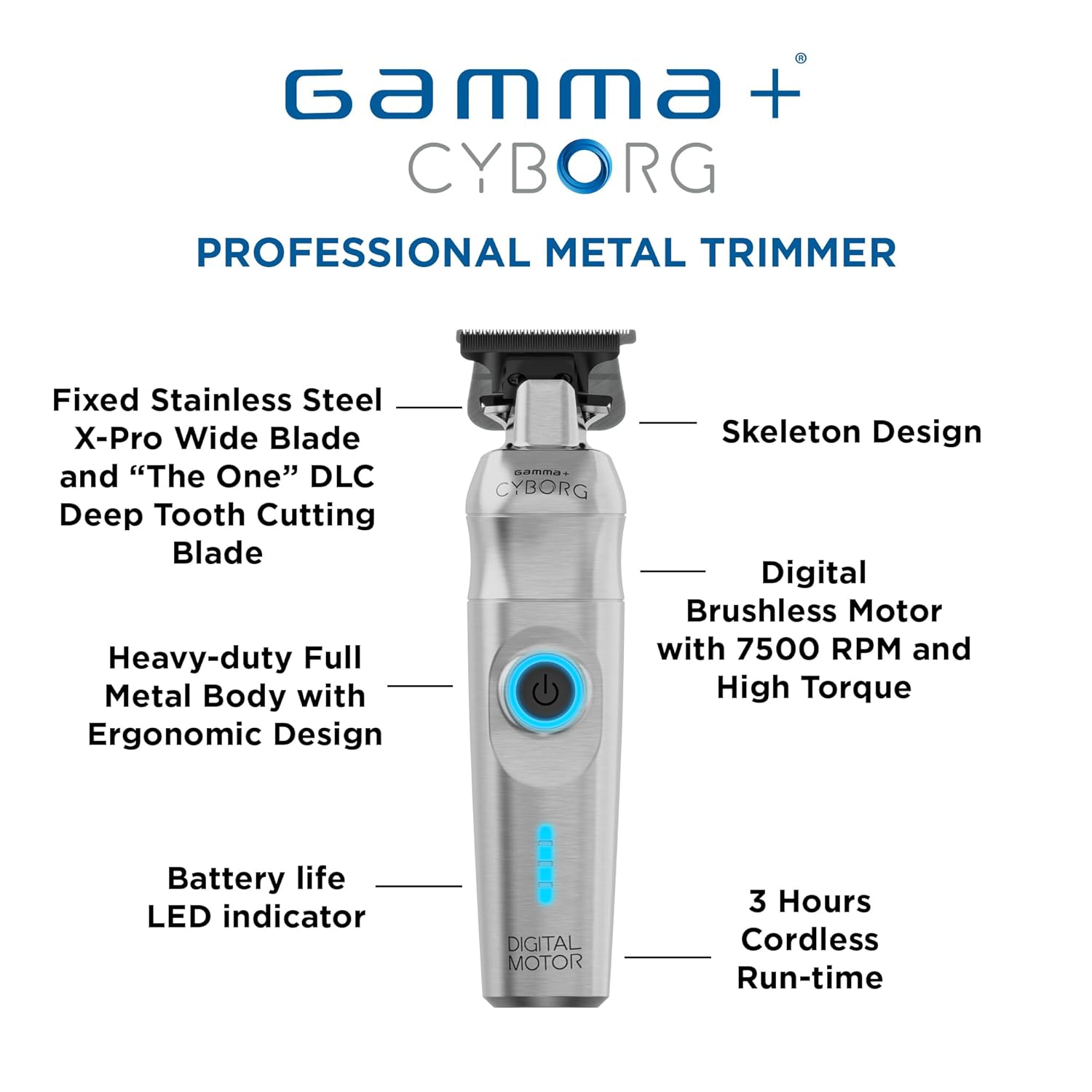 GAMMA+ Cyborg Professional Metal Cordless Ergonomic Hair Clipper Trimmer with Digital Brushless Motor