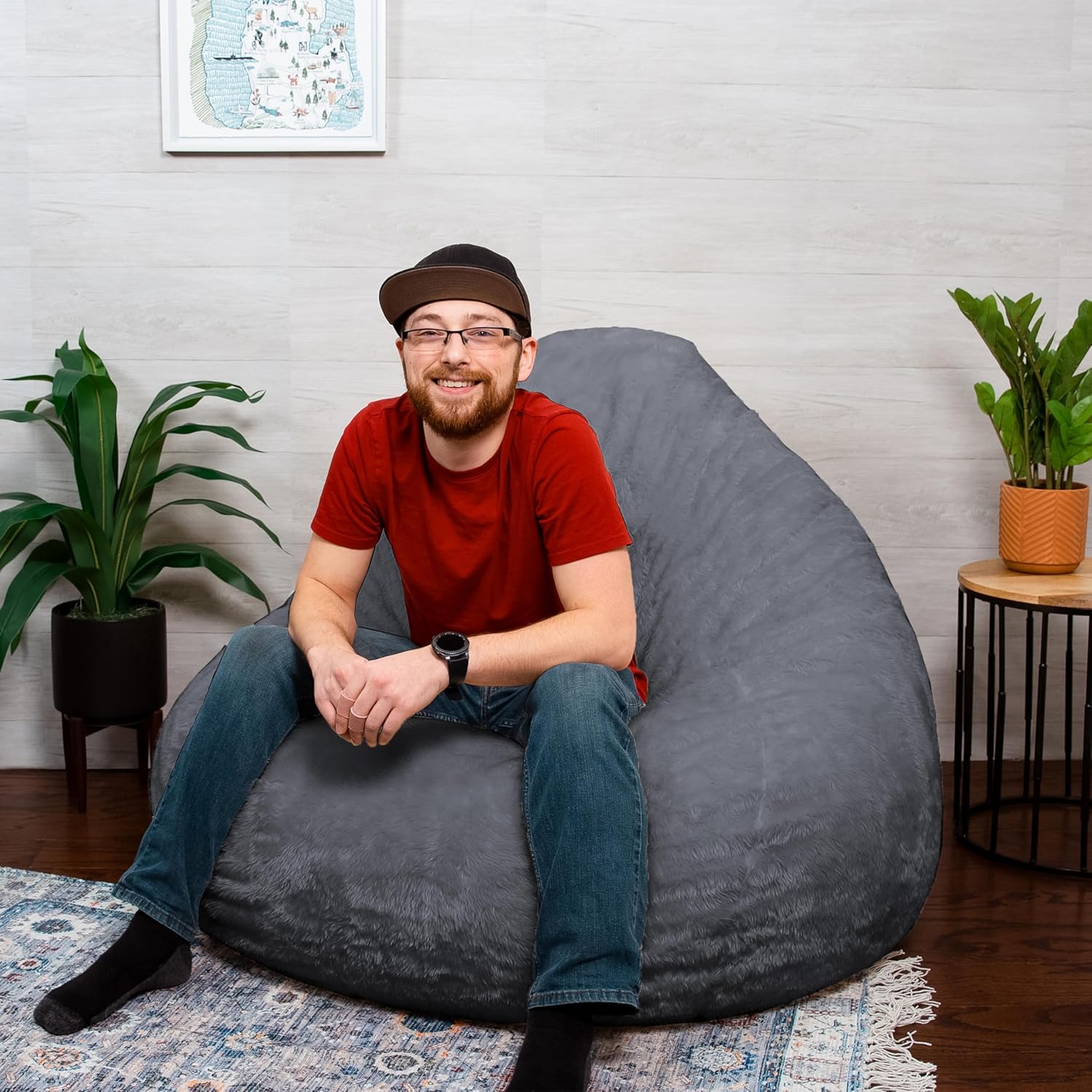 Big Joe Lotus Foam Filled Teardrop Bean Bag Chair with Removable Cover, Stone Short Shag, Soft Faux Fur, 4 feet Big