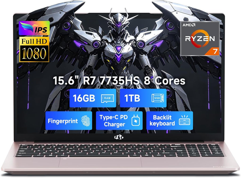 NIMO Gaming Laptop, AMD Ryzen 7 7735HS (8-Core Beats i7-12650H), 16GB DDR5 1TB SSD, 100W PD, Radeon 680M 15.6" FHD Backlit KB Fingerprint Computer for Business Gaming College School