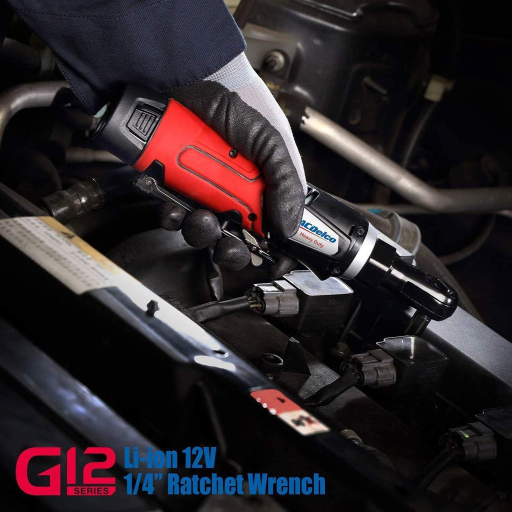 ACDelco G12 Series 12V Cordless Ratchet Combo Kit, 3/8" (45 ft-lbs) & 1/4" (30 ft-lbs), Electric Ratchet Wrench with (1) Li-ion Battery and Charger, 240 RPM, 2-Tool Set with Canvas Bag, ARW1209-K9