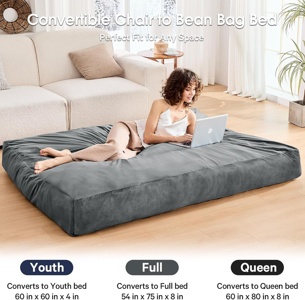 Bean Bag Chairs for Adults - Giant Bean Bag Chair Convertible Bean Bag Bed - Beanbag Chair with Micro Fiber Cover/Furniture Foam Filler - Floor Couch Sofa in Bedroom Dorm Room - Full Charcoal