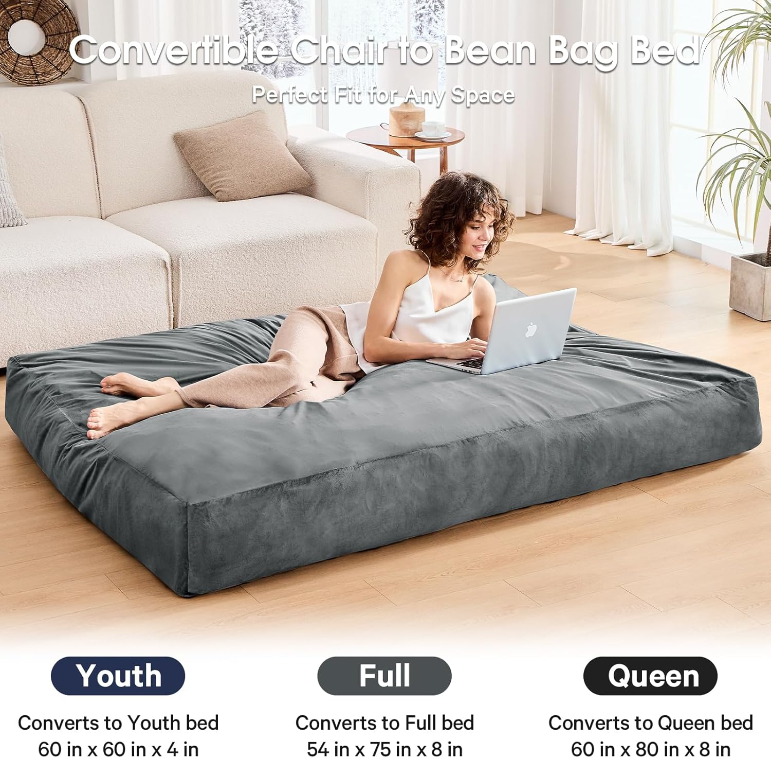 Bean Bag Chairs for Adults - Giant Bean Bag Chair Convertible Bean Bag Bed - Beanbag Chair with Micro Fiber Cover/Furniture Foam Filler - Floor Couch Sofa in Bedroom Dorm Room - Full Charcoal