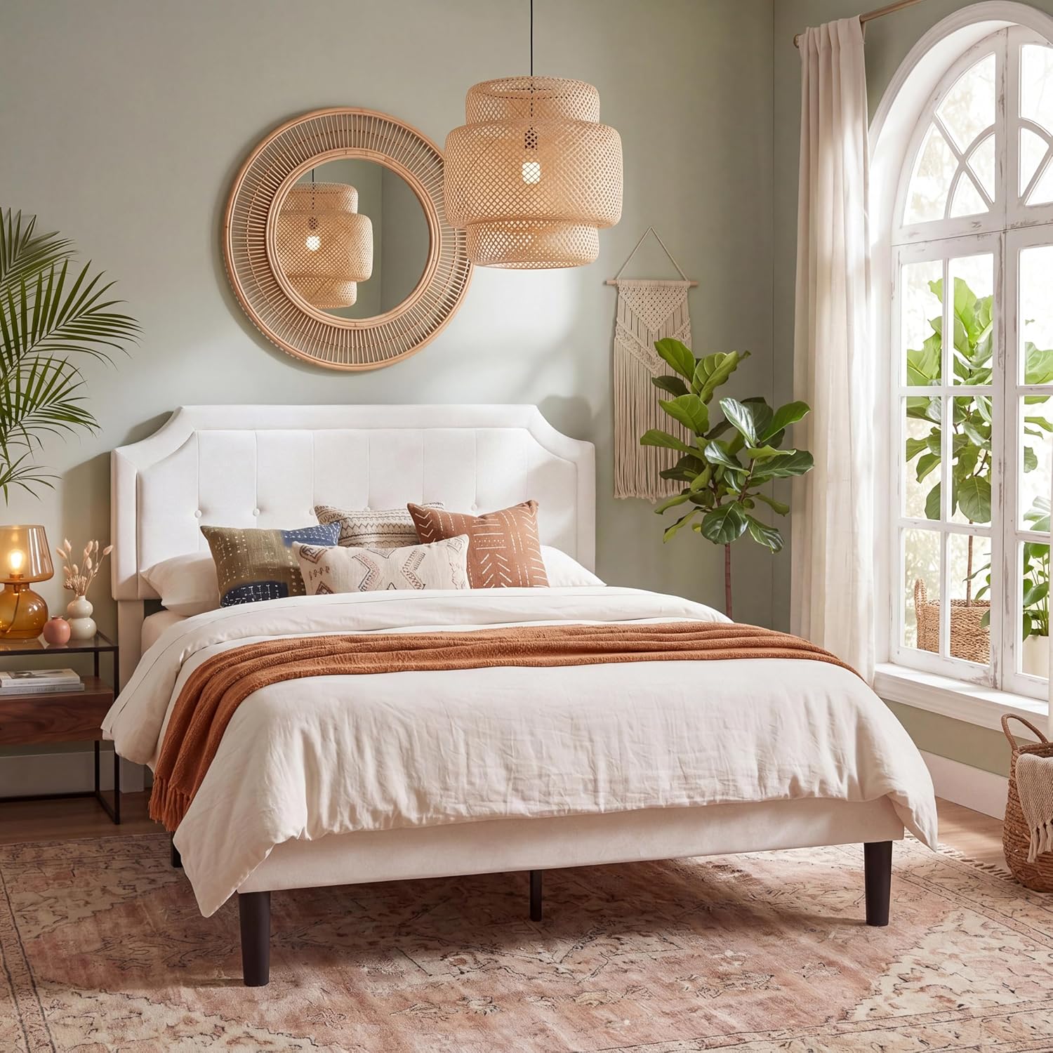 VECELO Queen Size Velvet Bed Frame with Headboard, Upholstered Platform Bedframe with Strong Wooden Slats, No Box Spring Needed, Easy Assembly,Off White