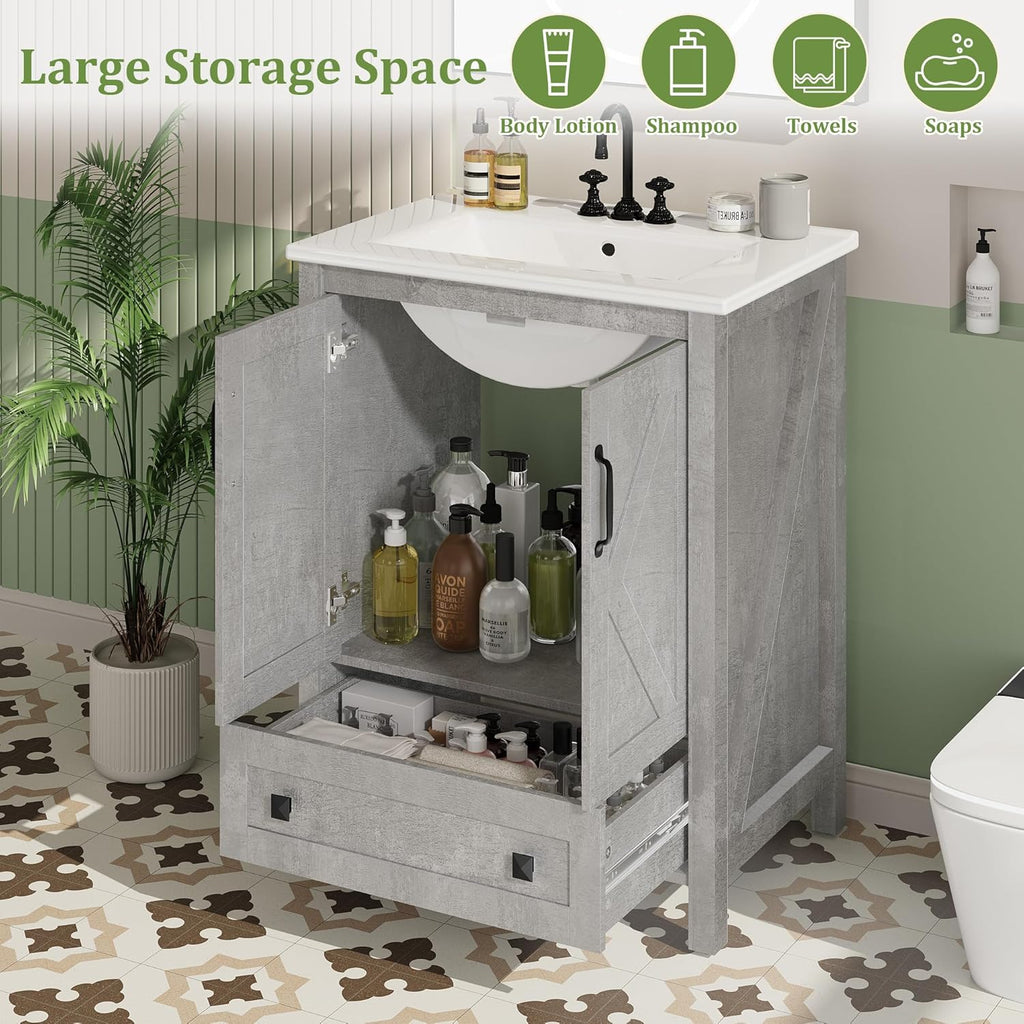 GarveeHome 30 inch Vanity with Ceramic Sink, Modern Bathroom Vanity with 2 Doors and 1 Storage Drawer, Freestanding Bathroom Cabinet with Contemporary Design for Your Bathrooms, Grey