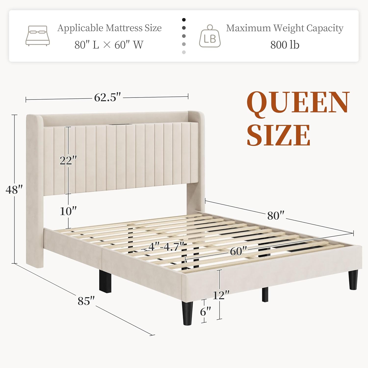 Yaheetech Queen Bed Frame with USB Charging Station and Storage Shelf/Upholstered Headboard Platform Bed with Wing Side/Wooden Slats Support/Noise Free/No Box Spring Needed/Easy Assembly, Beige