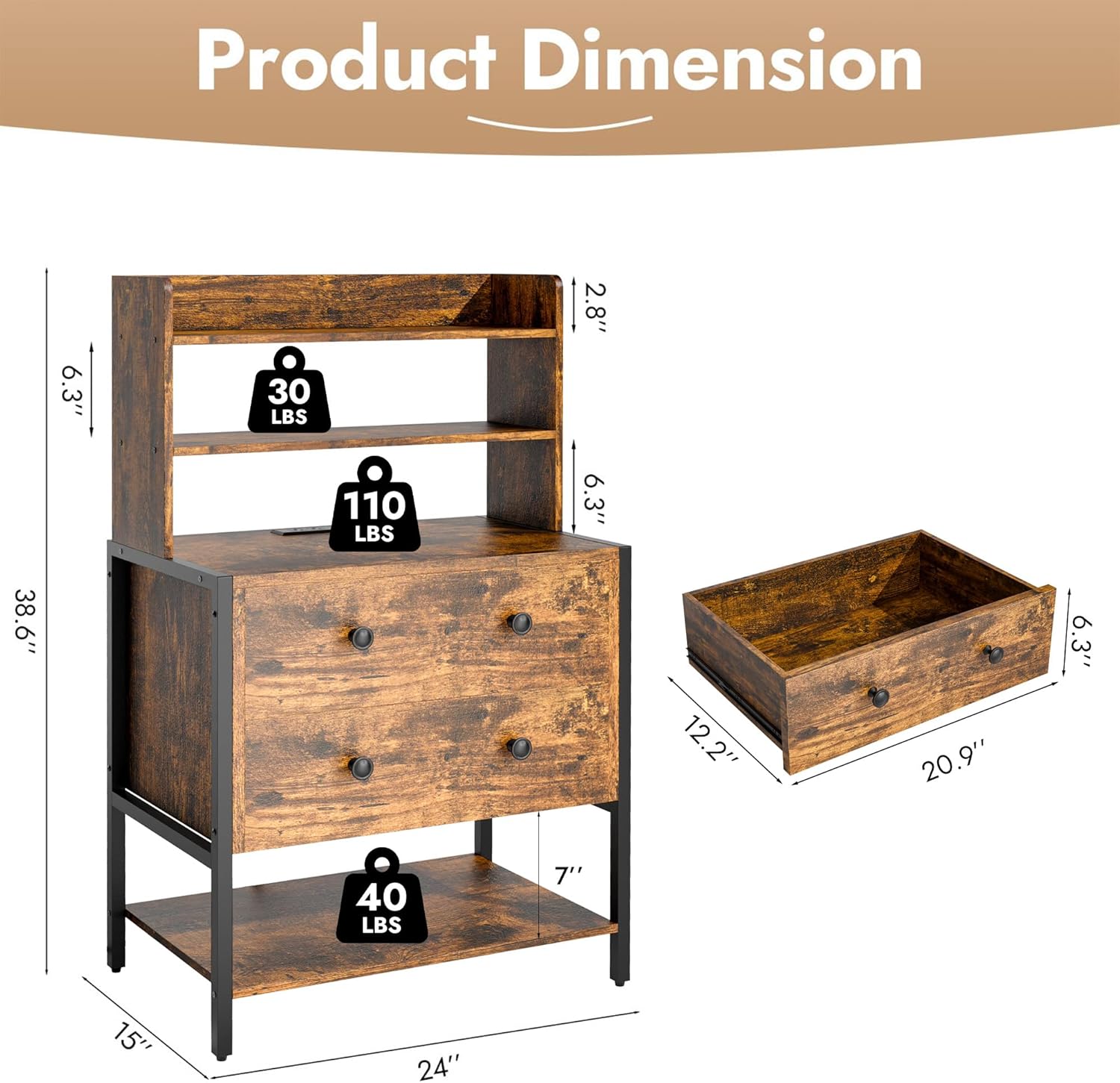24 Inch Wide Night Stand, Large Wooden Night Stand with 2 Adjustable Drawes, Tall Nightstand with 4-Tier Shelves and Charging Station, Bedside Table for Living Room/Bedroom/Office, Retro.