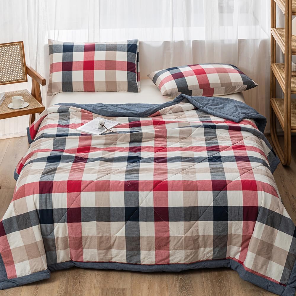 NTCOCO Summer Lightweight Comforter Set,Thin Quilt,100% Washed Cotton,Machine Washable,Soft Comfy Breathable Can Sleep Naked(King,Black and Red Grid
