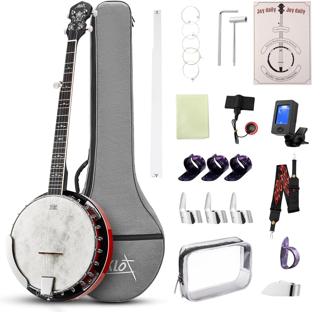 AKLOT Full-Sized Banjo with Remo Head: 38'' 5 String Banjo Set with Removable Resonator, Geared 5th Tuner, 24 Brackets, Deluxe Beginner Kit with Gig Bag, Strings, Strap, Picks, Tuner, Bridge Ruler（01）