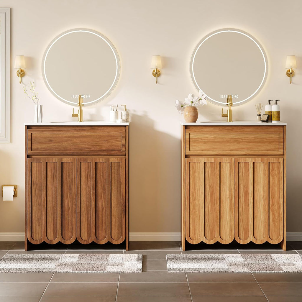 28 inch Bathroom Vanity with Ceramic Sink, Brown Bathroom Sink Vanity Cabinet with Wave Scalloped Door, Tip-Out Drawer & Adjustable Shelf, Single Sink Bath Vanity for Bathroom/Laundry Room, Walnut