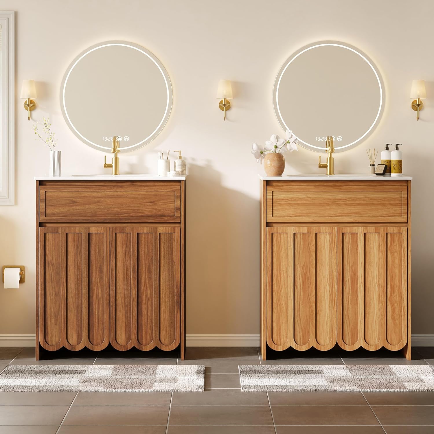 28 inch Bathroom Vanity with Ceramic Sink, Brown Bathroom Sink Vanity Cabinet with Wave Scalloped Door, Tip-Out Drawer & Adjustable Shelf, Single Sink Bath Vanity for Bathroom/Laundry Room, Walnut