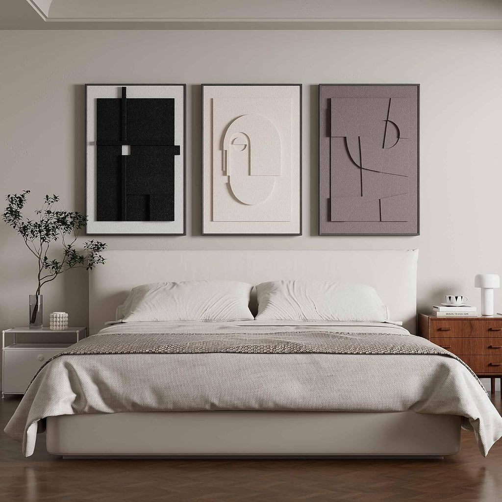 Large 3D Textured Framed Wall Art for Living Room, 3pcs Abstract Geometric Relief Artwork for Walls, Modern Neutral Black Beige Sandstone Plaster Pictures for Entryway Foyer Home Decor, 24x36 Inch