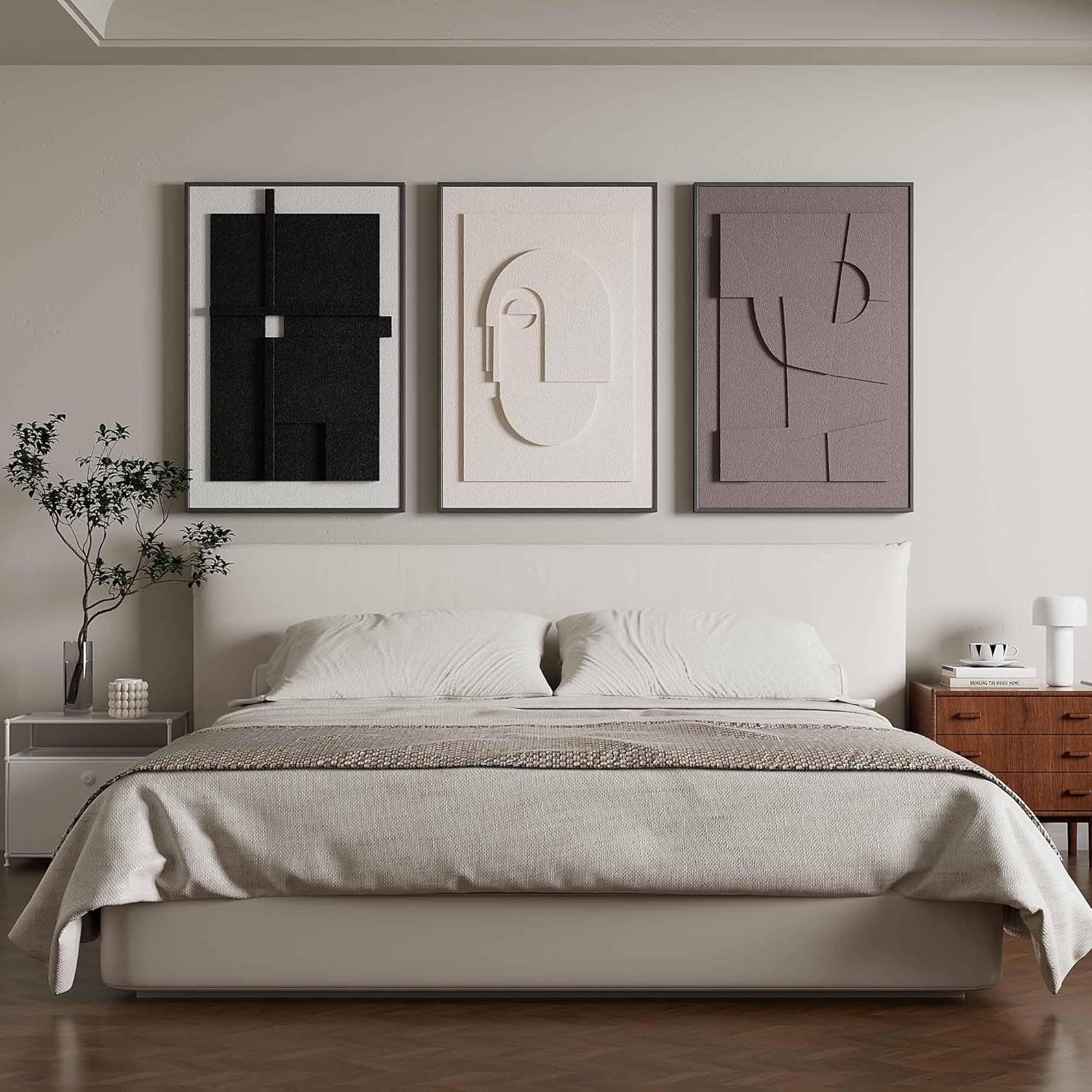 Large 3D Textured Framed Wall Art for Living Room, 3pcs Abstract Geometric Relief Artwork for Walls, Modern Neutral Black Beige Sandstone Plaster Pictures for Entryway Foyer Home Decor, 24x36 Inch