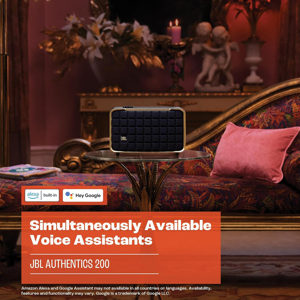 JBL Authentics 200 - Retro Style Smart Home Speaker with Built in Wi-Fi, Bluetooth and Voice Assistants, Alexa and Google Assistant, Multi-Room Playback, Automatic self tuning (Black/Gold)