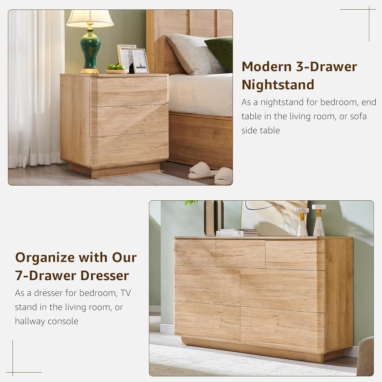 ACCOHOHO 3 Piece Bedroom Furniture Set, 7 Drawer Dresser (52" W) & Two 22" Nightstands, Modern Push-to-Open Drawers, Curved Profile, Dresser and Nightstand Sets for Bedroom, Natural Oak