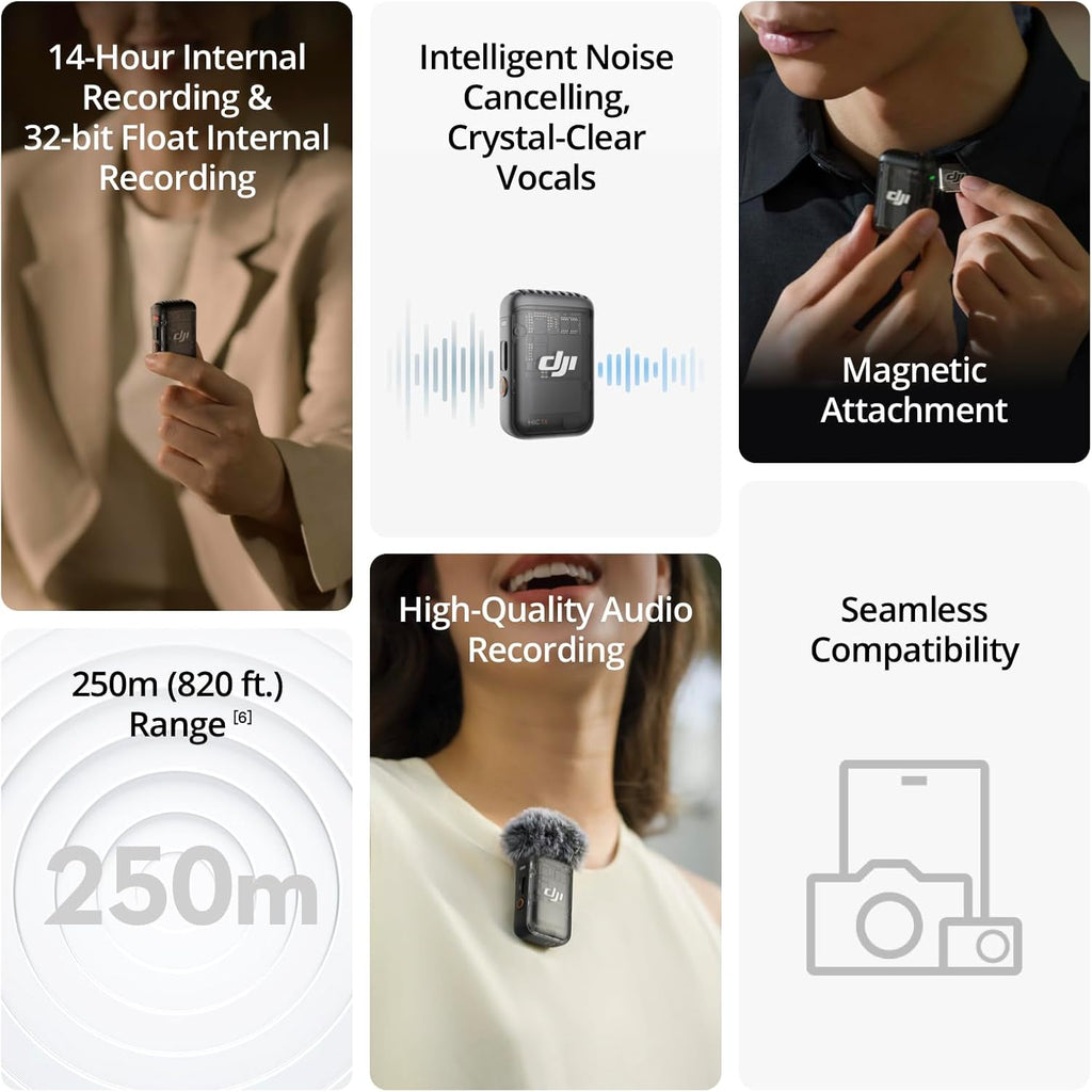 DJI Mic 2 (1 TX + 1 RX), Wireless Microphone with Intelligent Noise Cancelling, 32-bit Float Internal Recording, Optimized Sound, 250m (820 ft.) Range, Microphone for iPhone, Android, Camera, Vlogs