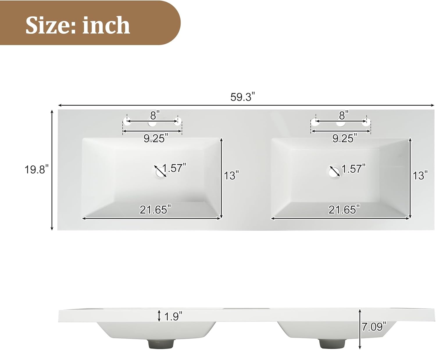 59.3-Inch Bathroom Vanity with SMC Resin Top, 4 Doors & 3 Drawers, Handle-Free, Soft-Close Hinges, Wood, MDF