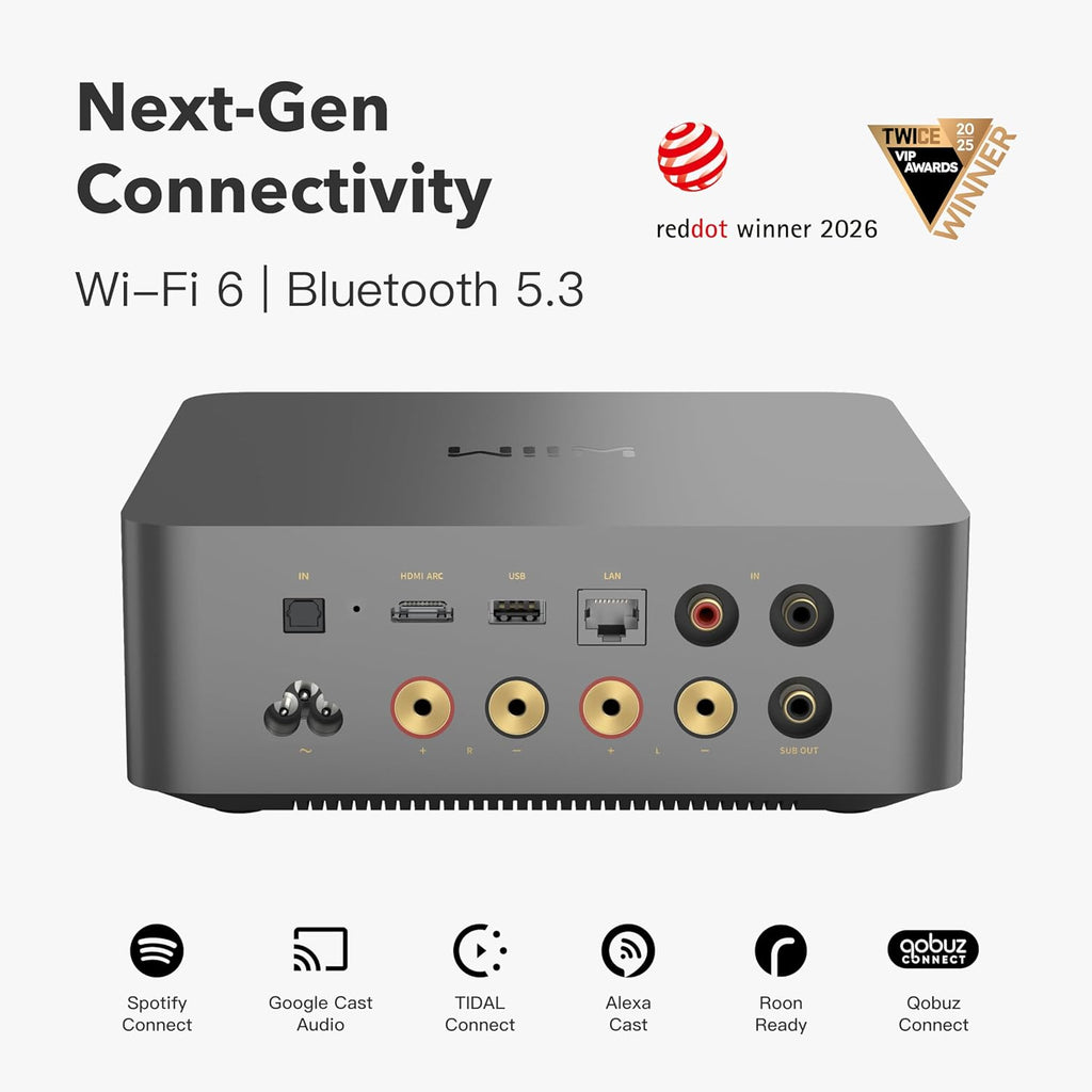 WiiM Amp Ultra with Voice Remote 2 | 100W Streaming Amplifier with Premium ESS ES9039Q2M DAC & Dual TI TPA3255 Amps | Built-in RoomFit EQ & Touchscreen | HDMI ARC, Optical, RCA Inputs | Space Gray