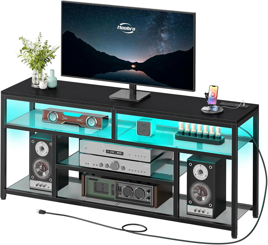 HOOBRO LED TV Stand with Charging Station, 4-Tier Entertainment Gaming Center, Modern Media Console Table, Open Shelves, 55.1"L x 13.8"W x 26.2"H, for TVs up to 65", for Living Room, Black BB47UDDS01