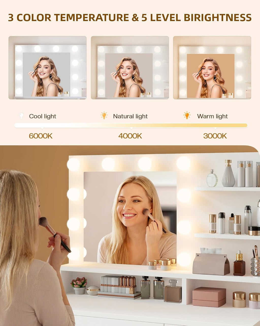 LIVELYGLOW White Makeup Vanity with HD Mirror & 10 LED Bulbs, 34.3" Dressing Table with Charging Station, 4 Drawers, Hairdryer Rack & Cushion Stool, Modern Bedroom Vanity Set