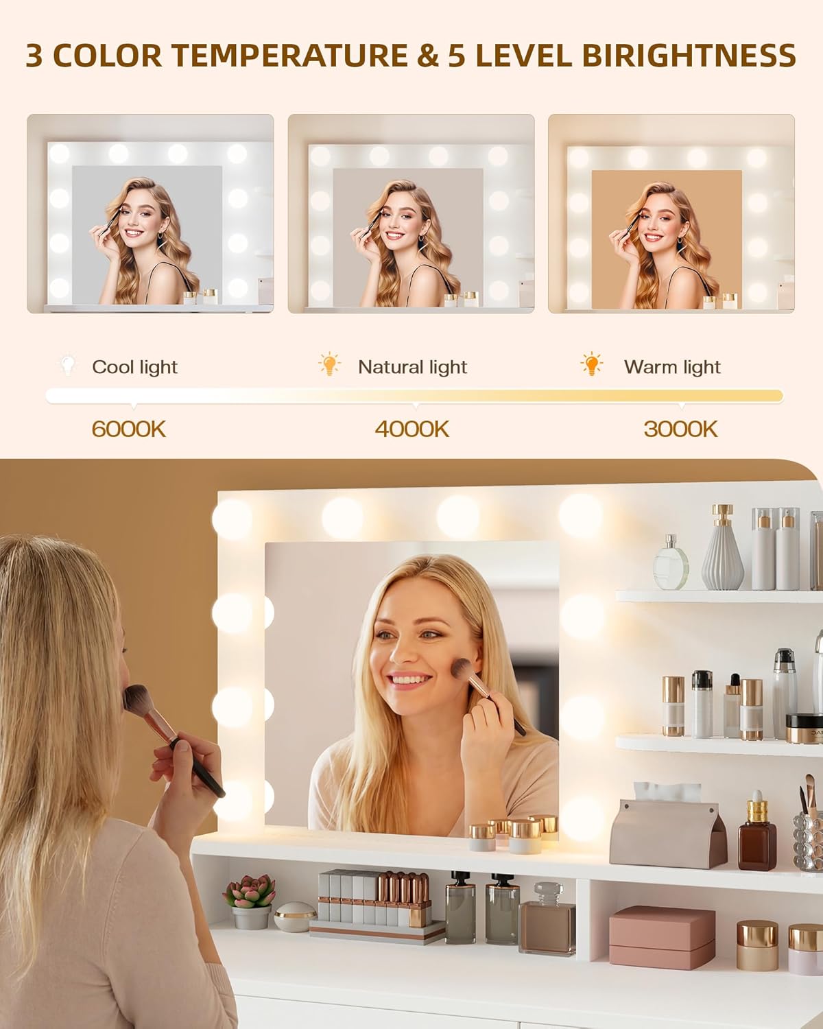 LIVELYGLOW White Makeup Vanity with HD Mirror & 10 LED Bulbs, 34.3" Dressing Table with Charging Station, 4 Drawers, Hairdryer Rack & Cushion Stool, Modern Bedroom Vanity Set