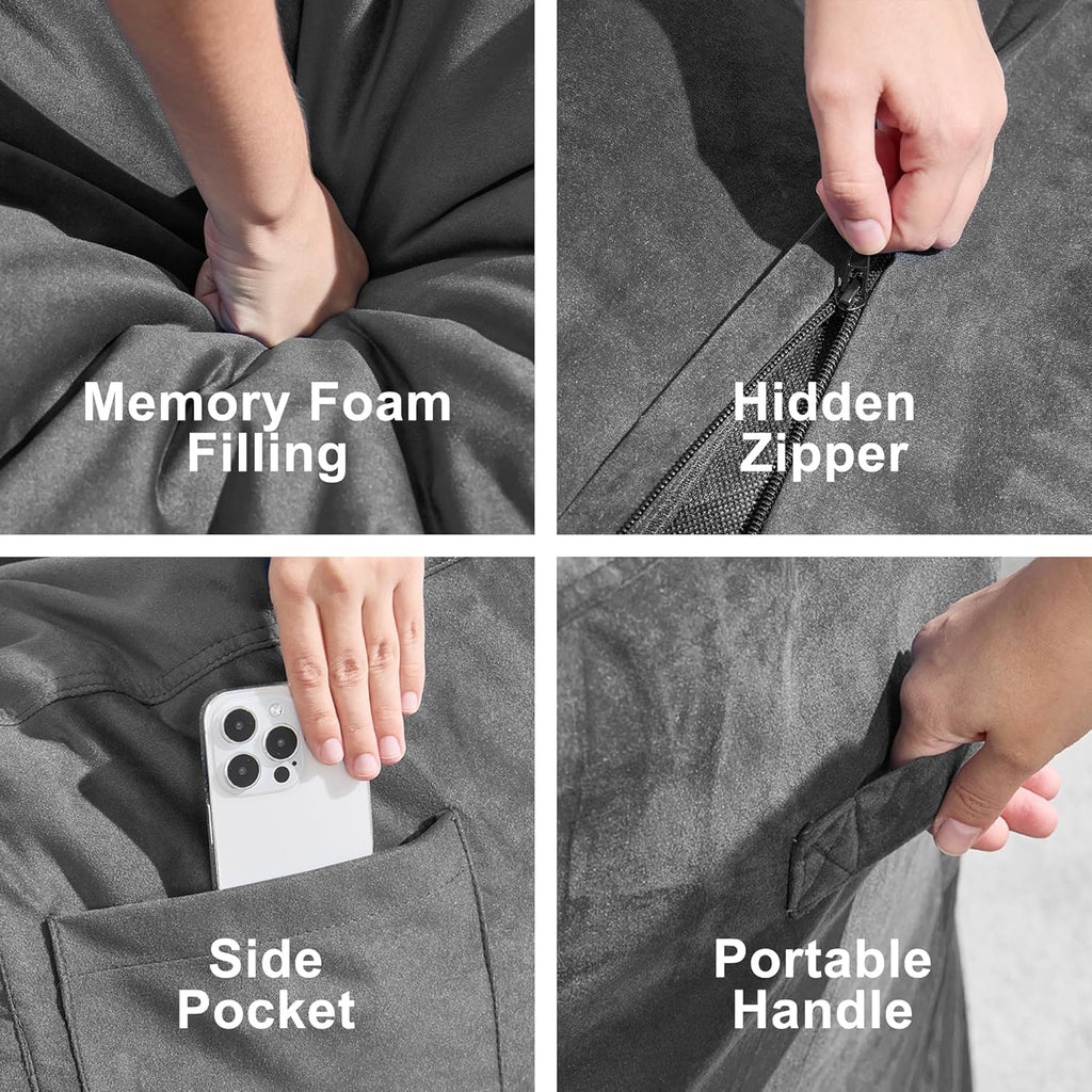 fond + found 5FT Bean Bag Chair for Adults - Giant Memory Foam Bean Bag with Removable Washable Cover, Large Comfy Bean Bag Chair with Handle & Side Pocket for Living Room, Bedroom, Gaming