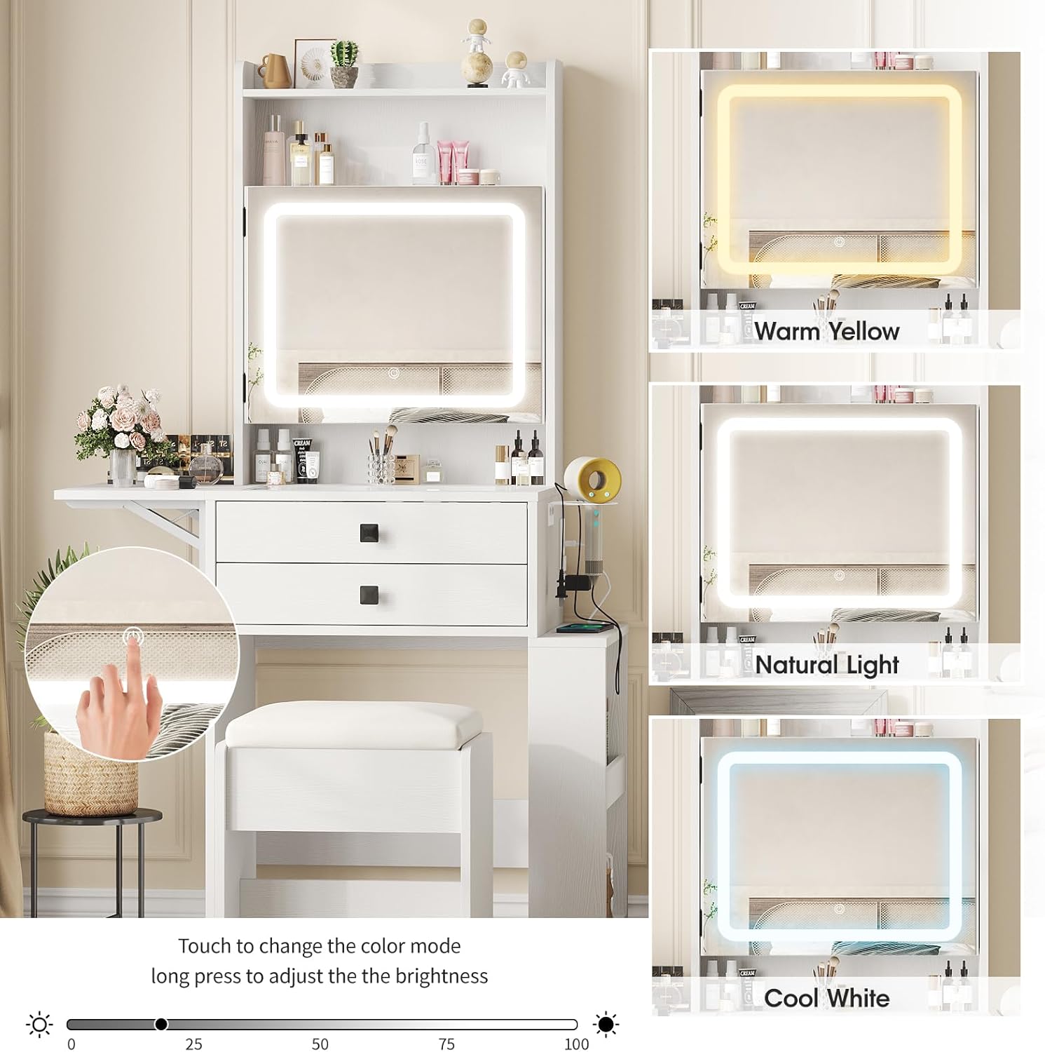 Vabches Small Makeup Vanity Desk with 3 Adjustable Lighted Mirror, White Vanity Set with Fold-up Panel and Charging Station, Glass Top Dressing Table with Drawers and Chair, 2 Hidden Storage Shelves