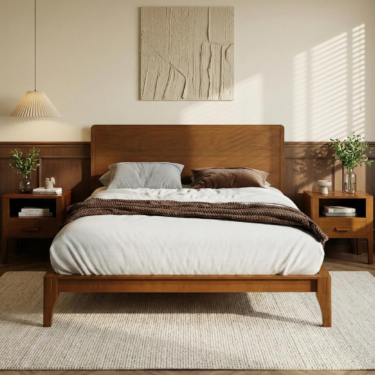 Merax 3 Pieces Bamboo Bedroom Sets, Mid-Century Modern King Size Platform Bed with Tall Headboard, Storage Drawer Night Stands Set, Wood Slats Support, No Box Spring Needed, Easy Assembly, Brown