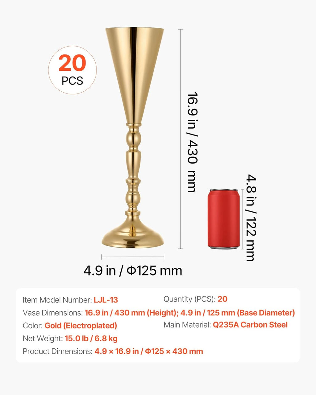 VEVOR 20 PCS Wedding Flower Vase, 16.9 in Tall Trumpet Flower Table Centerpieces, Banquet Vases Easy Installation, Electroplated Versatile Arrangement Stand for Party Events Home Decor Reception, Gold