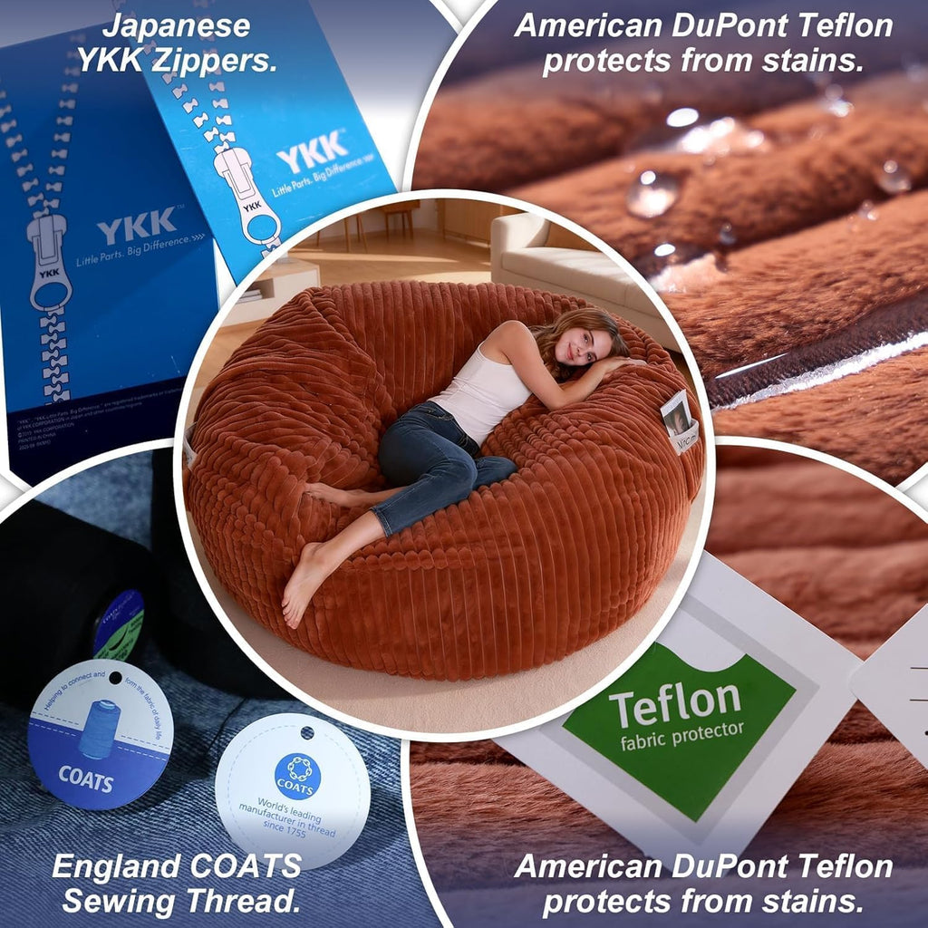 The BigOne Beanbag Family Giant Round Bean Bag Chair-Spacious Comfort Bean Bags Bed for Families, Premium Materials, Perfect for Living Room or Entertainment Room-Cover-Stripe Fur-Brown