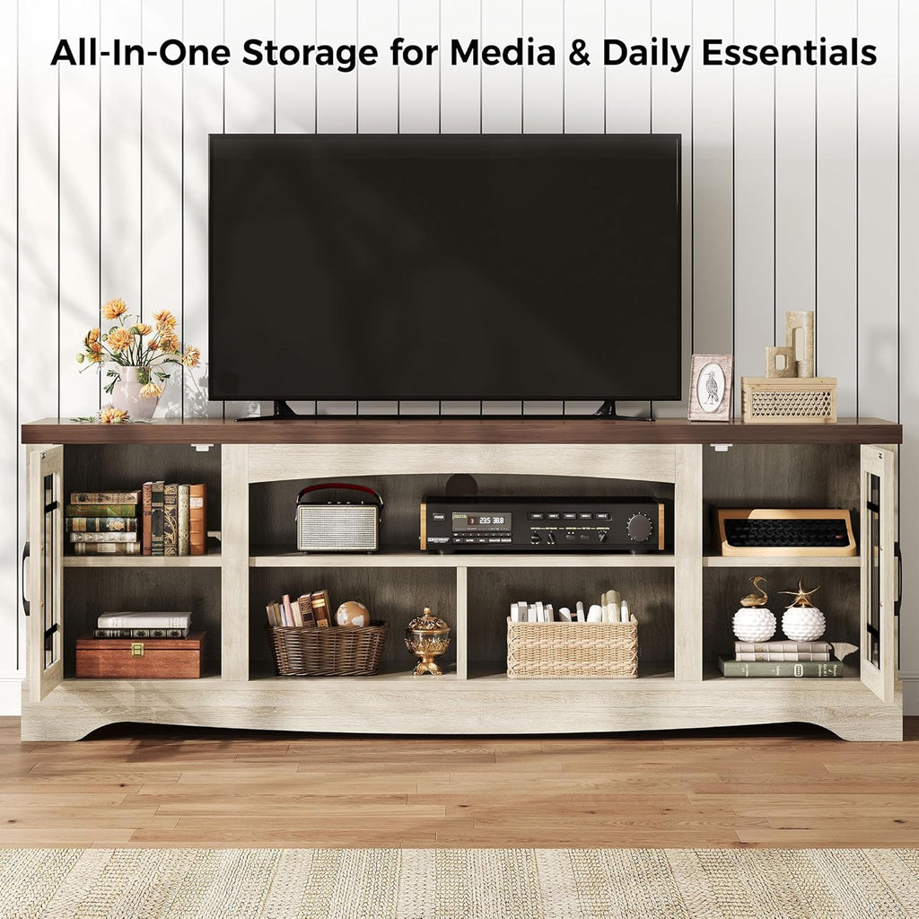 IRONCK Farmhouse TV Stand for 75 Inch TV, Rustic Entertainment Center with Storage Cabinets & Open Shelves, Grid Glass Doors, Media Console for Living Room, Bedroom(Light Oak & Walnut)