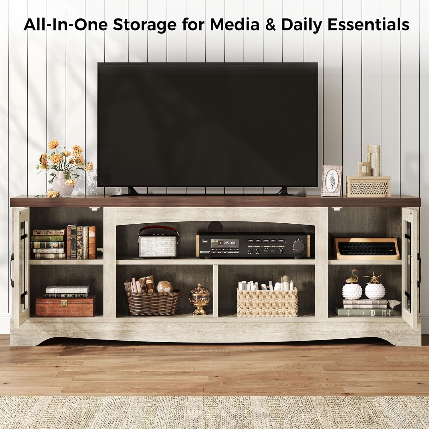 IRONCK Farmhouse TV Stand for 75 Inch TV, Rustic Entertainment Center with Storage Cabinets & Open Shelves, Grid Glass Doors, Media Console for Living Room, Bedroom(Light Oak & Walnut)