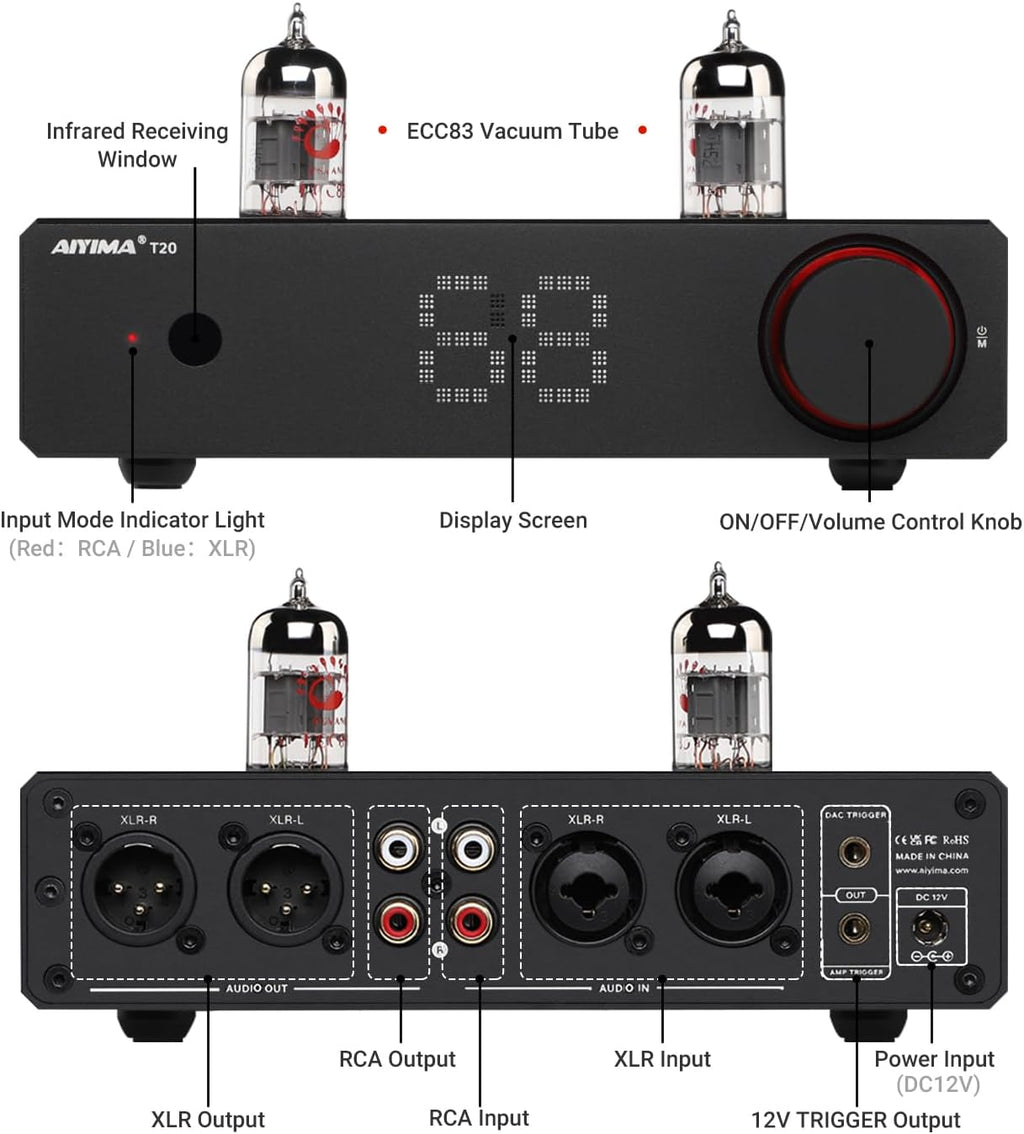 AIYIMA T20 Fully Balanced Tube Preamp for Home Audio - ECC83 Tube Design, Swappable Op-Amps & Tubes, XLR/RCA Inputs/Outputs, Pre-Amp for 2 Channel Stereo Hi-Fi Amplifier & 2.1 Theater Setup