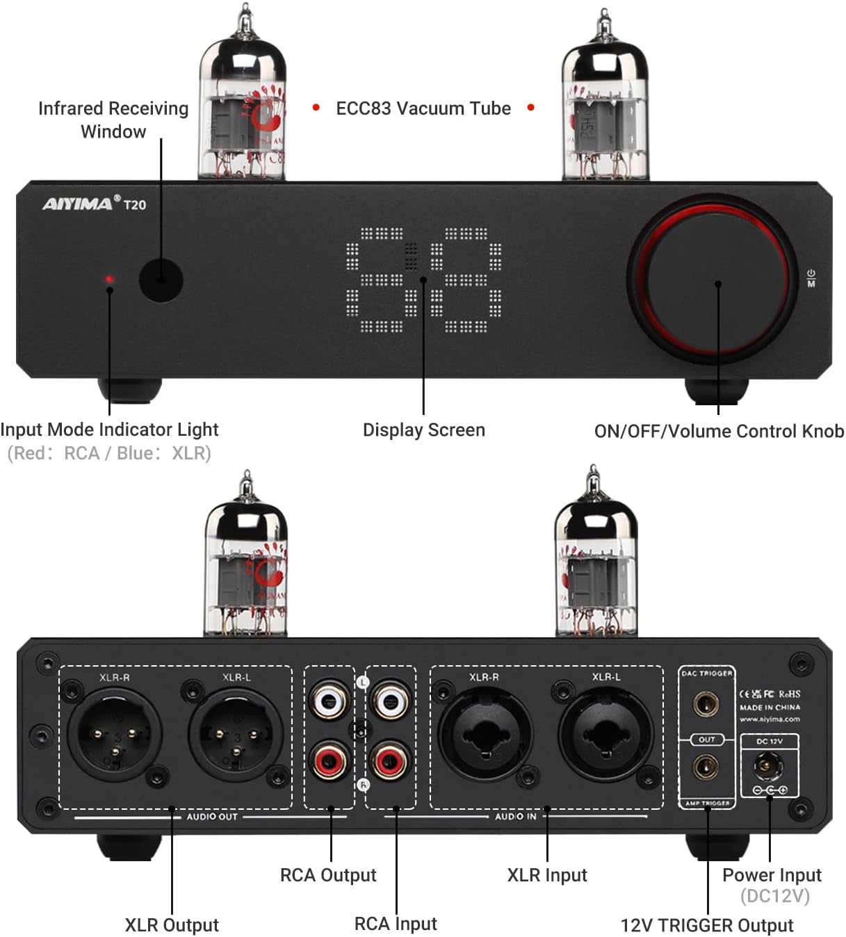 AIYIMA T20 Fully Balanced Tube Preamp for Home Audio - ECC83 Tube Design, Swappable Op-Amps & Tubes, XLR/RCA Inputs/Outputs, Pre-Amp for 2 Channel Stereo Hi-Fi Amplifier & 2.1 Theater Setup